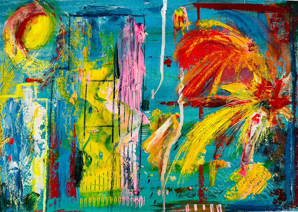 riot of colour, abstract acrylic on paper - chalk pastels, mixed media